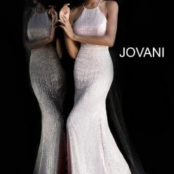 Discontinued Long Sleeve Dresses Jovani JVN66948 Sequin Embellished Long Shimmer Prom Dress High Neckline