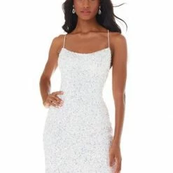 Ashleylauren Sequin Dresses Ashley Lauren 4395 AB Ivory Cocktail Dress Sequins With Lace Up Back Homecoming Dress