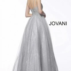 Jovani 67051 Long Lace Prom Dress Ball Gown V Neck Shimmer Tulle Illusion Sheer