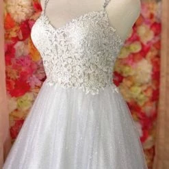 Jovani 67051 Long Lace Prom Dress Ball Gown V Neck Shimmer Tulle Illusion Sheer