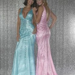 In Stock Tiffany 6707 Size 20 Aqua Sequin Beaded Prom Dress V Neck Plus Size Formal Gown CLEARANCE