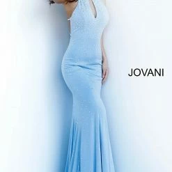 Jovani 67101 Long Keyhole Neckline Embellished Prom Dress Fit Flare Open Back