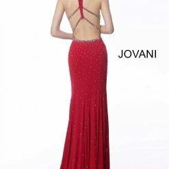 Jovani 67101 Long Keyhole Neckline Embellished Prom Dress Fit Flare Open Back