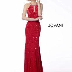 Jovani 67101 Long Keyhole Neckline Embellished Prom Dress Fit Flare Open Back