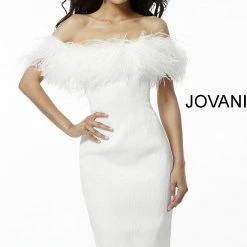 Jovani 67118 White Knee Length Evening Dress Feather Neckline Off The Shoulder