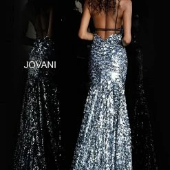 Discontinued Long Sleeve Dresses Jovani 67448 Blue Sequin Embellished Fitted Prom Dress