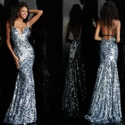Discontinued Long Sleeve Dresses Jovani 67448 Blue Sequin Embellished Fitted Prom Dress
