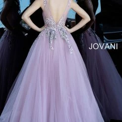 Ballgown Dresses Jovani 67459 Mauve Sheer Floral Applique Ballgown Prom Dress V Neck