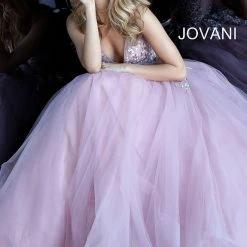 Ballgown Dresses Jovani 67459 Mauve Sheer Floral Applique Ballgown Prom Dress V Neck