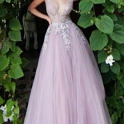 Ballgown Dresses Jovani 67459 Mauve Sheer Floral Applique Ballgown Prom Dress V Neck