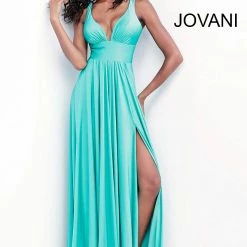 Discontinued Long Sleeve Dresses JVN By Jovani 67471 Ruched Bodice Flowy Jersey Prom Dress