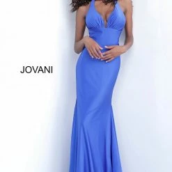 Discontinued Long Sleeve Dresses Jovani 67473 Plunging Neckline Tie Back Fitted Stretch Prom Dress