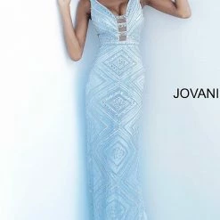 Jovani 67668 Crystal Embellish Long Sheath Prom Dress Plunging Neckline V Back Long Sleeve Dresses