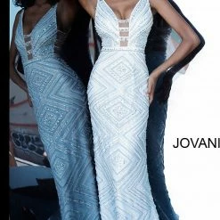Jovani 67668 Crystal Embellish Long Sheath Prom Dress Plunging Neckline V Back Long Sleeve Dresses