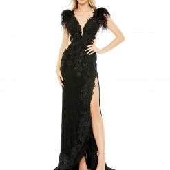 Backless Dresses Mac Duggal 67782 Long Sheer Lace Feather Formal Dress Prom Pageant Gown Slit