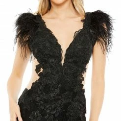 Backless Dresses Mac Duggal 67782 Long Sheer Lace Feather Formal Dress Prom Pageant Gown Slit