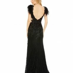 Backless Dresses Mac Duggal 67782 Long Sheer Lace Feather Formal Dress Prom Pageant Gown Slit