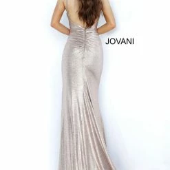 Discontinued Jovani 67798 Long Ruched Metallic Formal Evening Prom Dress Slit Train Sexy