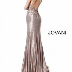Discontinued Jovani 67798 Long Ruched Metallic Formal Evening Prom Dress Slit Train Sexy