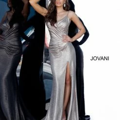 Discontinued Jovani 67798 Long Ruched Metallic Formal Evening Prom Dress Slit Train Sexy