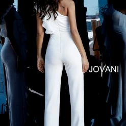 Jumpsuits & Rompers Jovani 67840 Black, Off White One Shoulder Ruffle Evening Jumpsuit