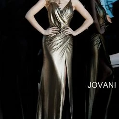 Discontinued Long Sleeve Dresses Jovani 67934 Gold Silver Metallic V Neck Evening Party Dress Prom Long Slit Backless