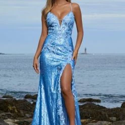 Ashleylauren Ashley Lauren 1996 Sequin Prom Dress With Lace Applique Details V Neck Side Slit