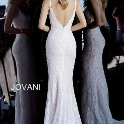 Jovani 68408 White/blush Long Lace Prom Dress Evening Gown V Neckline