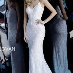 Jovani 68408 White/blush Long Lace Prom Dress Evening Gown V Neckline