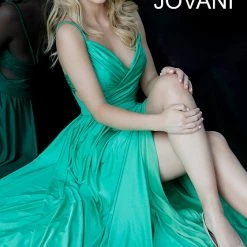 Jovani 68642 Long Maxi Slit Ruched Cutout Prom Dress Evening Gown V Neck Gown