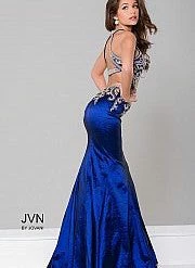 In Stock Mermaid Dresses Jovani JVN 41685 Size 8 Navy Iridescent Prom Dress High Neck Lace Mermaid Gown