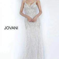 Mermaid Dresses Jovani 68827 Long Fitted Cream Dress Formal Evening Gown Feather Skirt V Neck