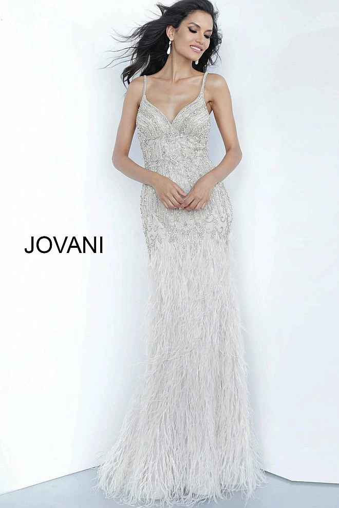 Mermaid Dresses Jovani 68827 Long Fitted Cream Dress Formal Evening Gown Feather Skirt V Neck 3 Mermaid Dresses Jovani 68827 Long Fitted Cream Dress Formal Evening Gown Feather Skirt V Neck