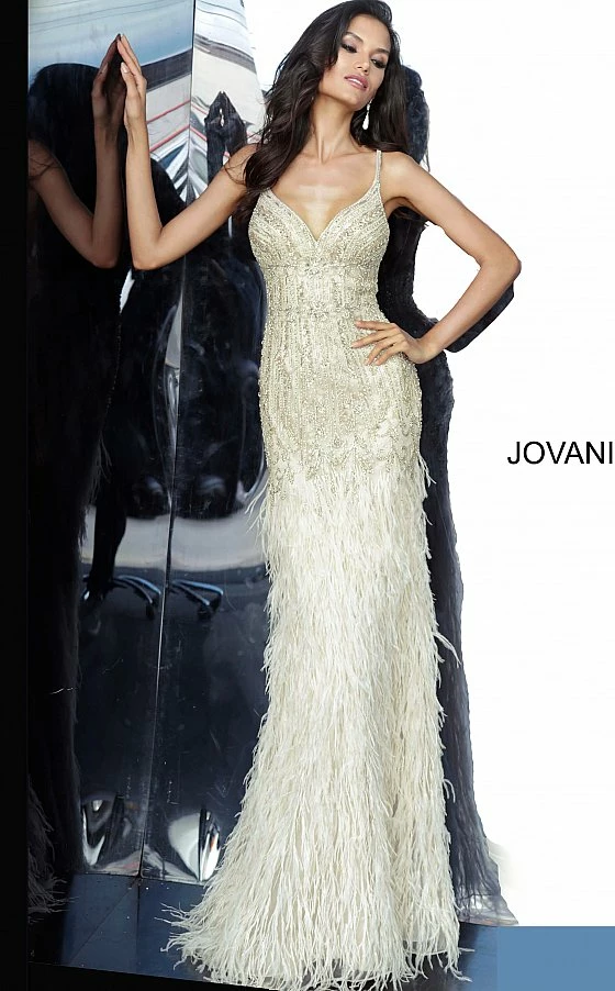 Mermaid Dresses Jovani 68827 Long Fitted Cream Dress Formal Evening Gown Feather Skirt V Neck 5 Mermaid Dresses Jovani 68827 Long Fitted Cream Dress Formal Evening Gown Feather Skirt V Neck