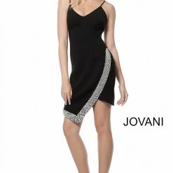 Jovani 68988 Black Embellished Hem V Neckline Cocktail Dress