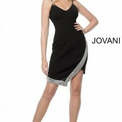Jovani 68988 Black Embellished Hem V Neckline Cocktail Dress