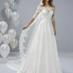 In Stock White One OSSA Size 28 Sheer Lace Off The Shoulder Wedding Dress Sleeves Ballgown Ballgown Dresses