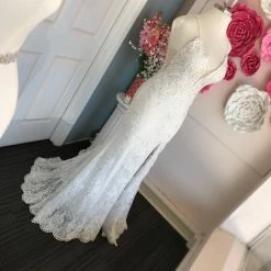 In Stock Jovani JVN00864 Size 20 Ivory Fitted Lace Wedding Dress Prom Dress Slit V Neckline