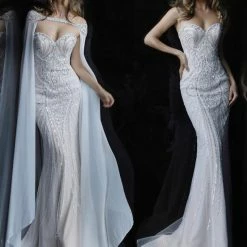 Mermaid Dresses Jovani 45566 Long Fitted Embellished Mermaid Dress Evening Gown Pageant Cape