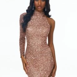 Ashleylauren Ashley Lauren 1975 AB Ivory Prom Dress One Sleeve Asymmetrical Sequin Prom Dress High Side Slit Evening Gown