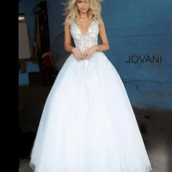 Jovani 11092 Long Sheer A Line Ballgown Formal Dress Floral Applique Romantic Ballgown Dresses