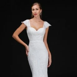 Discontinued Wedding Dresses Nina Canacci 4203 Long Lace Mermaid Cap Sleeve Wedding Dress Sheer Back Sweetheart