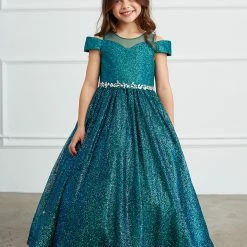 In Stock Ballgown Dresses Tip Top 7029 Size 2 Emerald Off The Shoulder Glitter Girls Pageant Dress Formal Gown