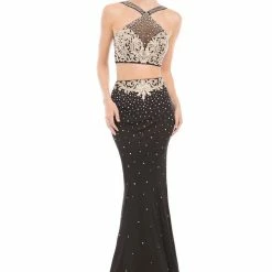 In Stock Mermaid Dresses Johnathan Kayne 7079 Prom Dress Pageant Jersey Gown Black/Gold Size 4