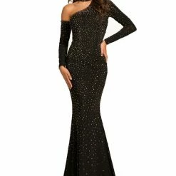 In Stock Long Sleeve Dresses Johnathan Kayne 7215 One Sleeve Choker Pageant Dress Black Prom Gown Size 4