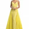 In Stock Johnathan Kayne 7242 Size 4 Canary Yellow Lace V Neck Pageant Gown Prom Dress OverSkirt
