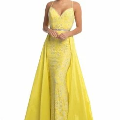 In Stock Johnathan Kayne 7242 Size 4 Canary Yellow Lace V Neck Pageant Gown Prom Dress OverSkirt