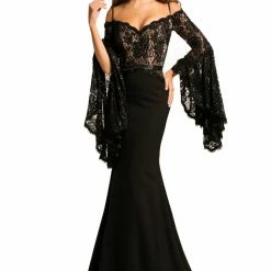 Johnathan Kayne 7244 Lace Bell Sleeve Off Shoulder Prom Dress Pageant Gown Embellished Long Sleeve Dresses