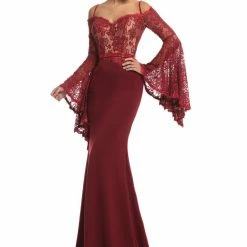 Johnathan Kayne 7244 Lace Bell Sleeve Off Shoulder Prom Dress Pageant Gown Embellished Long Sleeve Dresses