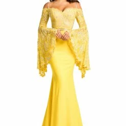 Johnathan Kayne 7244 Lace Bell Sleeve Off Shoulder Prom Dress Pageant Gown Embellished Long Sleeve Dresses